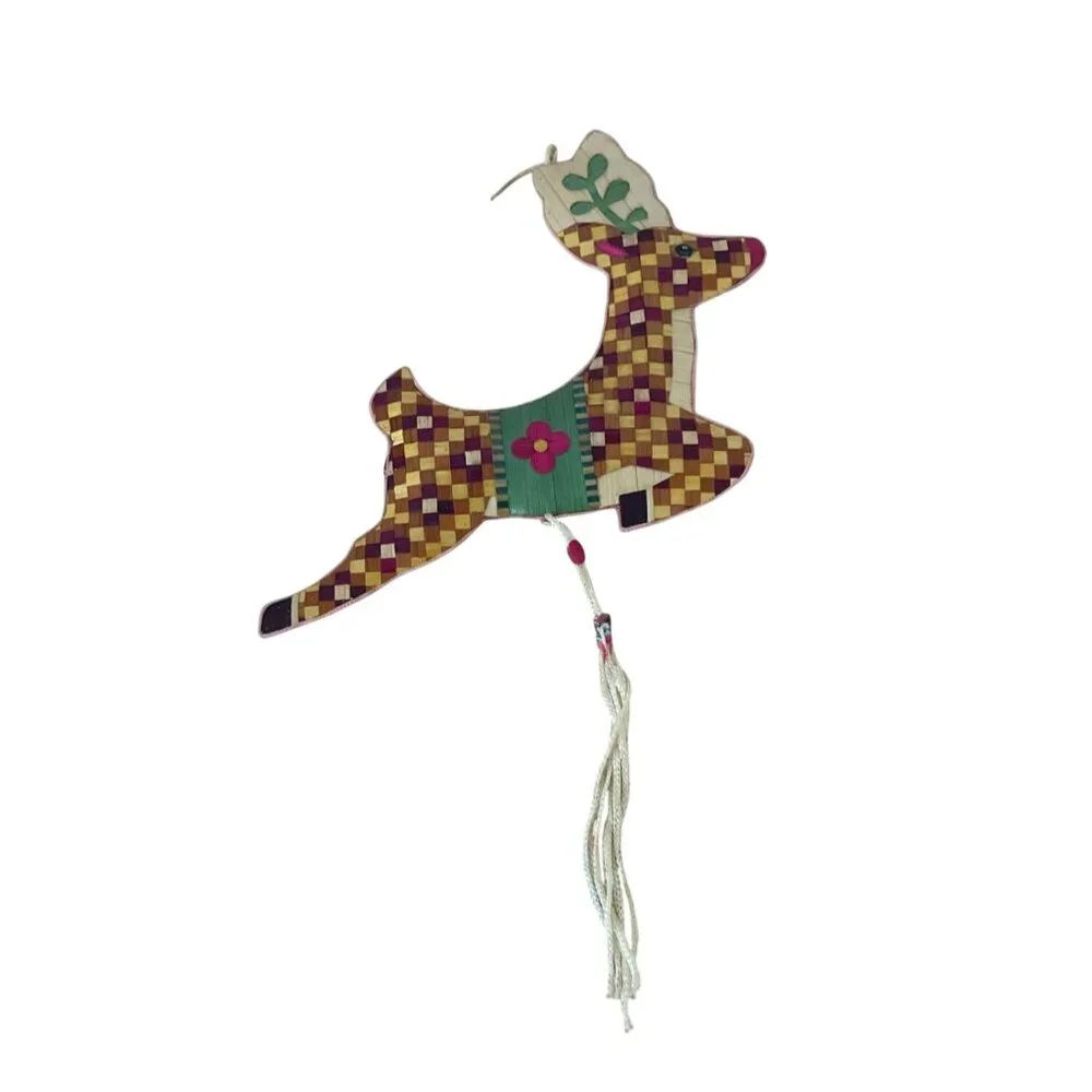 Vintage Woven Bamboo Reindeer Christmas Ornament With Tassel Handcrafted 5.5 In.